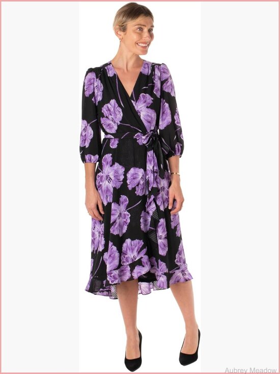 Dresses & Skirts - Faux Wrap Midi Dress with Floral Print and Ruffle Hem